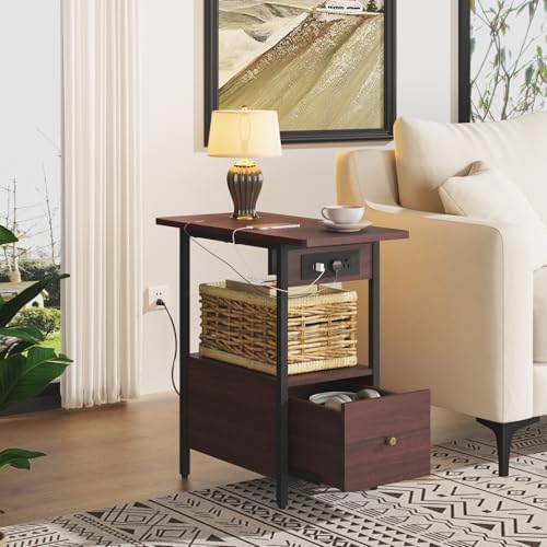 LIDYUK End Table with Charging Station, Narrow Side Table with Drawer