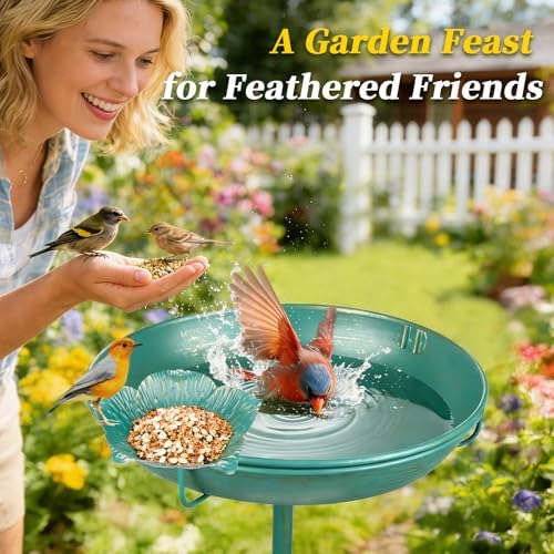 Mellbree Bird Bath for Outside 10", Metal Freestanding 10" Dia 39" H Lake Blue Gold Gilding Birdbath, Multi-Functional for Garden Patio Yard Lawn Outdoor Decor
