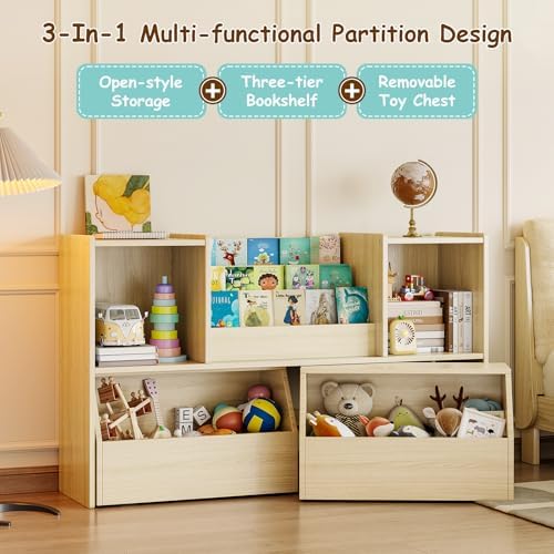 EXPERLAM Solid Wood Kids Bookshelf and Toy Storage Organizer, 3-in-1 Montessori Bookcase with Storage Cubbies and 2 Rolling Toy Bins, Toddler Bookshelf for Kids Room, Playroom, Nursery