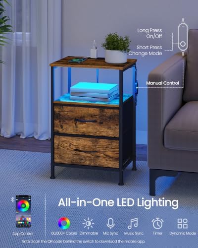 SONGMICS Nightstand with Charging Station, 2 Fabric Drawers