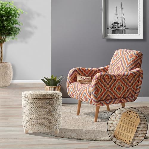 Casafield 17" Round Storage Ottoman with Lid - Whitewash White, Handwoven Water Hyacinth Footstool for Living Room, Bedroom, Bathroom, Home Office