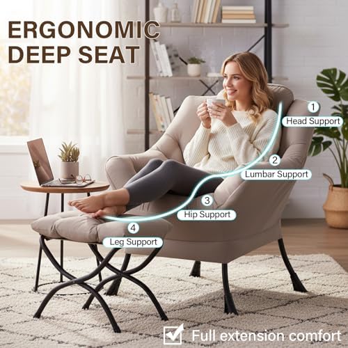 Welnow Lazy Chair with Ottoman, Reading Chair with Footrest，Khaki