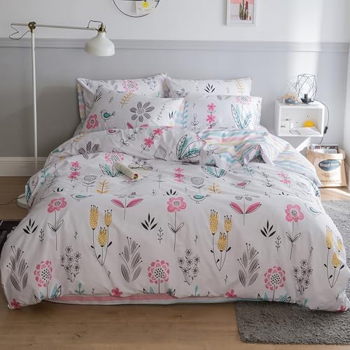 HighBuy Floral Printed Bedding Set Queen Duvet Cover Girls Cotton Comforter Cover Garden Aesthetic Reversible Striped Bedding Sets 3 Piece Queen Bed Boho Comforter Cover Duvet Cover Set