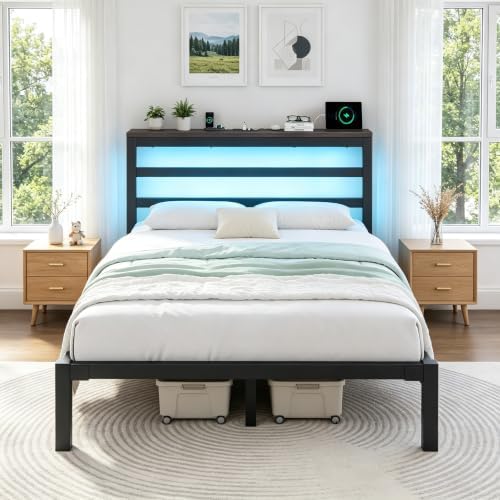 Full Bed Frame with Charging Station and LED Lights Headboard, Black