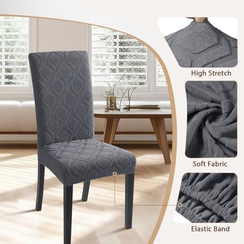 SearchI Dining Room Chair Covers Set of 6, Stretch Jacquard Parsons Chair Slipcovers Super Fit Spandex Removable Washable Kitchen Chair Protector Cover for Dining Room, Hotel, Ceremony (Grey)
