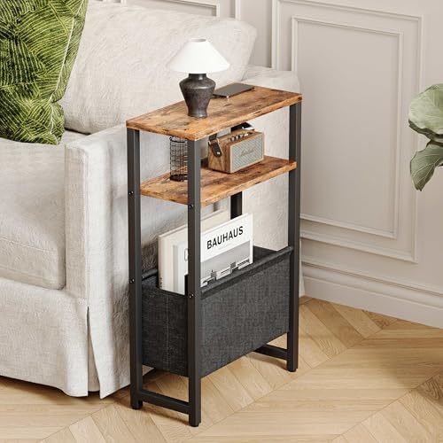 Narrow Side Table, Slim End Table with Magazine Rack, Skinny Bedside Table for Small Spaces, 3 Tier Sofa Couch Table Nightstand for Living Room, Bedroom, Rustic Brown LET503R