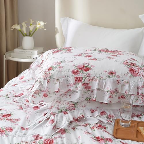 3 Pieces Ruffle Duvet Cover Set Full(80"x90"), Red Rose Flower
