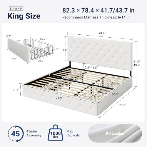 Allewie King Size Storage Bed Frame with 4 Underbed Drawers, Upholstered Platform Bed with Adjustable Headboard, Diamond Button Tufted, Easy Assembly, Noise-Free, No Box Spring Needed, White
