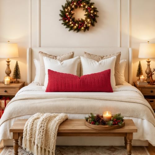 MIULEE Christmas Lumbar Corduroy Throw Pillow Cover for Bed 14x36 Red