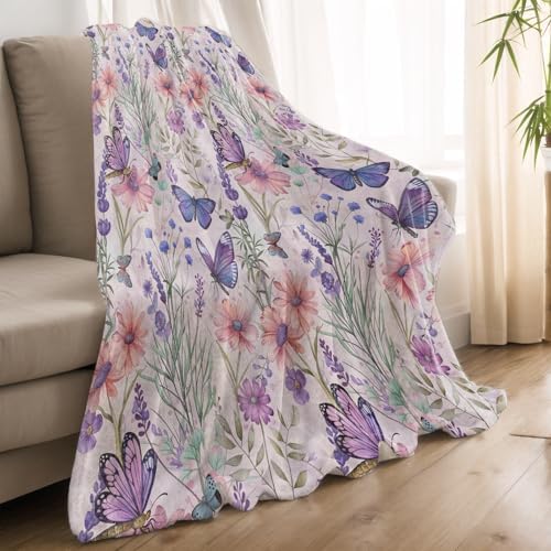Butterfly Blanket Lightweight Blankets Gifts for Women Flannel Throw with Colorful Floral and Purple Butterflies Printed for Sofa, Bed, Travel, Camping, Office, Rustic Decor Throws 50x40 Inch