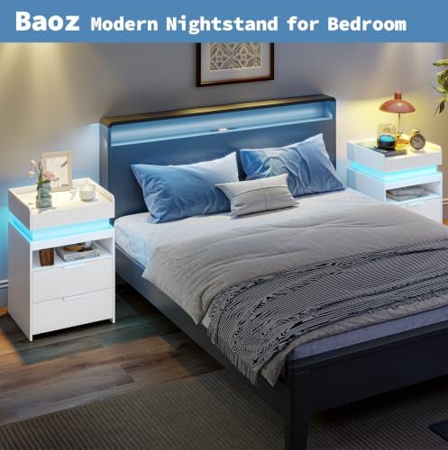 Baoz Modern Nightstands Set of 2 with Charging Station & LED Lights,White