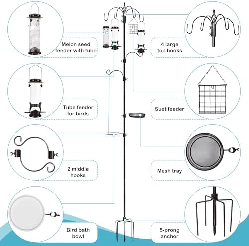 YINGYM 6-Hook Bird Feeding Station, 94 Inch Bird Feeder Pole for Outdoors