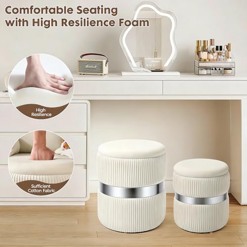 Round Ottoman with Storage, White Velvet, Set of 2