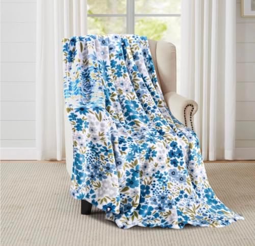Soft Fleece Throw Blanket, Bohemian Boho Elegant Floral Blue Green, 50x70