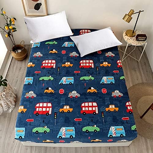 Bedding Fitted Sheet with Deep Pocket,Thicken Printed Fabric Bed Sheets (Navy Blue(Cars), Twin)