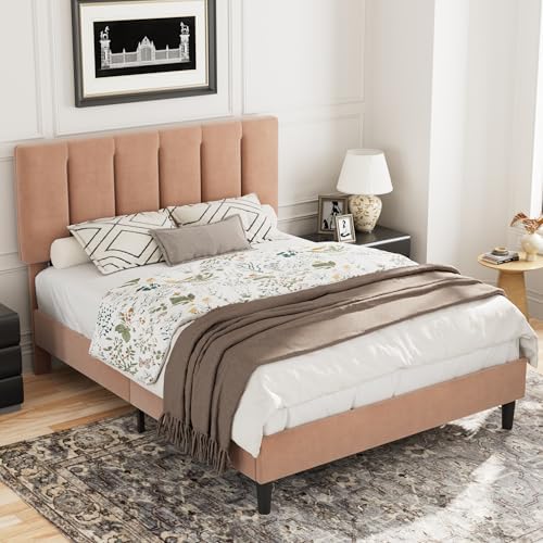 VECELO Queen Size Bed Frame with Upholstered Headboard, Coffee