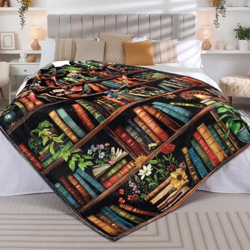 Bookshelf Throw Blanket Vintage Books Blanket for Book Lovers Reading Blankets for Readers Floral Fleece Throw Blanket Super Soft Warm Cozy Flannel Blankets for Couch Sofa Bed 60x80in