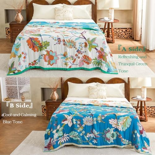 XIBLC Summer Throw Blanket, 50"x60" Reversible Bohemian Flower Blanket, 100% Cotton Muslin Breathable Woven, Farmhouse Decorative Throw Blanket