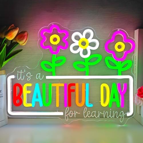 It's a Beautiful Day for Learning Neon Sign for Classroom Dimmable Flowers Neon Classroom Sign Inspirational Kids Learning Light Up Sign Reading Corner Decor