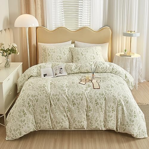 HighBuy 3 Pieces Duvet Cover Queen White Duvet Cover with Green Floral Print,Coquette Soft Comforter Cover Boho Style,Aesthetic Queen Bedding Set with Zipper Closure 4 Ties,All Season