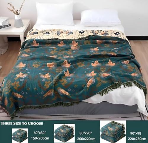 Boho Throw Blanket for Bed 100% Cotton Bohemian Blankets Ultra Soft Woven Muslin Decorative Blankets All Seasons Vintage Quilt Knitted Blanket for Sofa Chair(Blue, 60"x80")