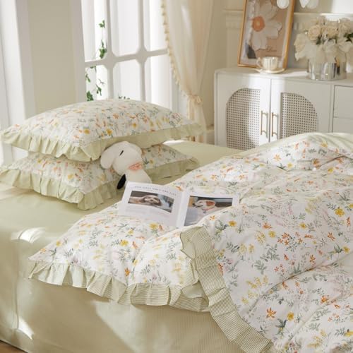 Vintage Floral Duvet Cover Set Twin XL - 3 Piece Ruffle Lace Bedding Set, 100% Cotton Aesthetic Coquette Duvet Cover, Botanical Flower Cottagecore Comforter Cover Green Striped Bedding Set Twin XL