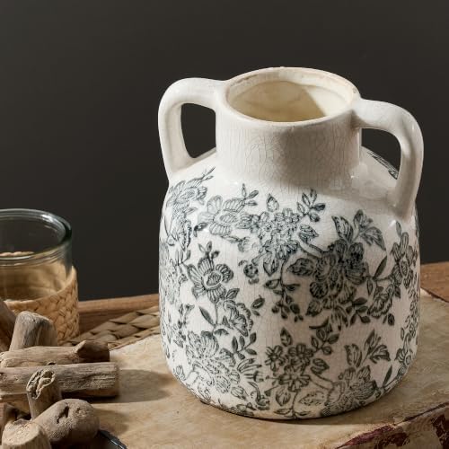 Ceramic Vase with Handles, Vintage Utensil Holder, Flower Decorative Vase Chinoiserie Decor Rustic Farmhouse Retro Floral Vases for Table Bookshelf Mantel Kitchen Living Room Office - 6.7” Gray 017