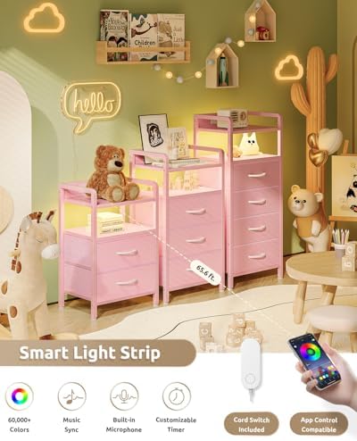 Lazzanto Nightstand with Rear Charging Station, LED Light, 2 Drawers, Pink