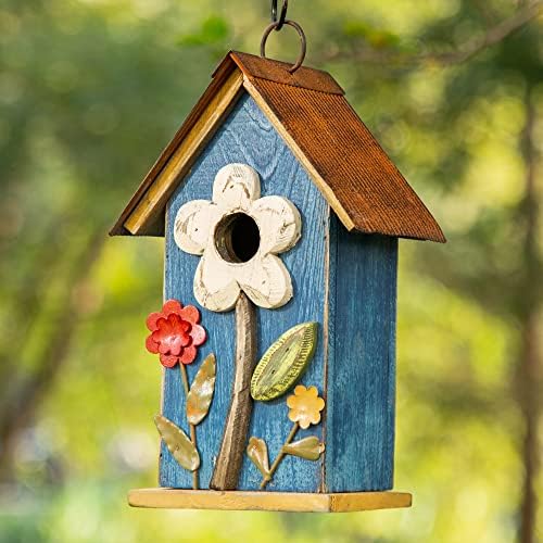 Glitzhome Hanging Bird House for Outdoor, 10.2" H Patio Garden Decorative Birdhouse Pet Cottage Distressed Wooden Bird House for Swallow Sparrow Finch Cardinals, Flower Rustic Blue