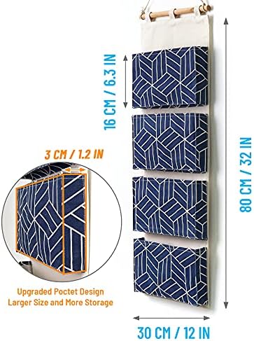 CROWNED 2Pcs Over Door Hanging Storage Bags Wall Mount Closet Organizer, 4 Big Pockets Linen Cotton Fabric Multi Functional Living Room Bedroom Bathroom File Magazine Waterproof Free Hooks Navy