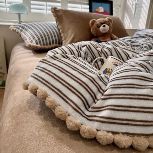 AOJIM Milk Velvet Duvet Cover Set Queen 3-Piece Retro Brown Striped Bedding