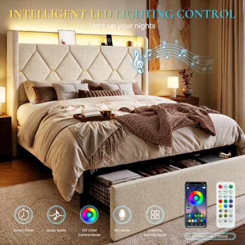 SHA CERLIN Full Size Bed Frame with Storage Drawer & LED Lights, Beige