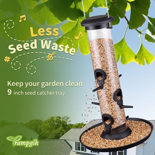 Tube Bird Feeders for Outdoors,13" 6-Port Seed Catcher,Black,2 PK