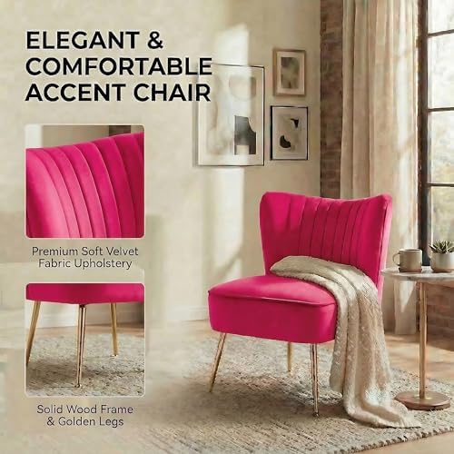 DUOMAY Modern Accent Chair Set of 2 Velvet Slipper Chair with Gold Legs Wingback Side Chair for Living Room Bedroom Entryway Small Corner Chair for Space Saving, Rose Red