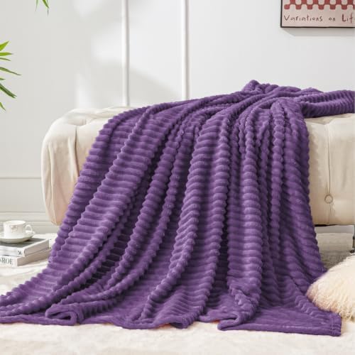 BEDELITE Ribbed Jacquard Purple Fleece Throw Blanket for Couch, 50x60 Inch