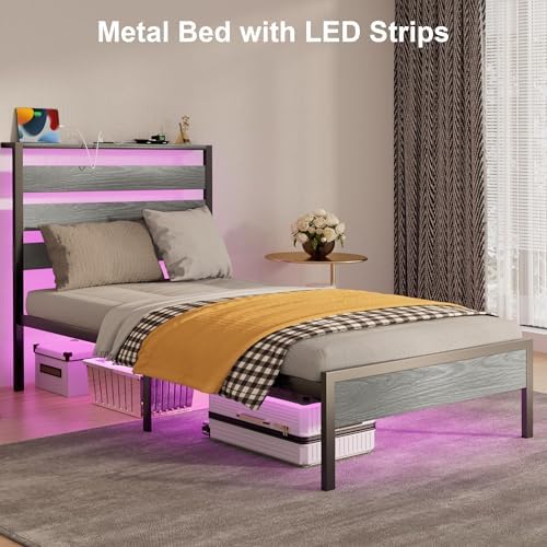 J.Fkne Twin Bed Frame with LED Lights & Charging Station, Metal Platform Bed with Headboard, Heavy Duty Metal Slats, No Box Spring Needed, Noise Free, Easy Assembly