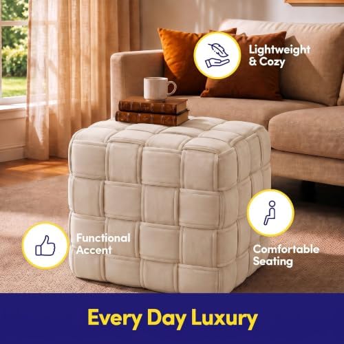 Sweet Home Collection Square Velvet Basketweave Pouf Ottoman, 17" x 17" x 17" – Rigid EPS Foam Filled Footrest, Ottoman & Accent Chair for Living Room, Bedroom & Nursery, Sand Beige