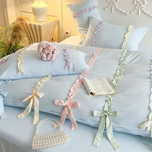 Colorful Striped Ruffled Bedding with Cute Bow,Chic Ruffle Romantic Full Duvet, Coquette Aesthetic Style 3 piece Duvet Cover Set-1 Full Duvet Cover with 2 Pillowcases, No Comforter