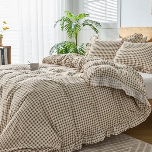 Gingham Duvet Cover King Size, 3 Pieces Soft Breathable Microfiber Plaid Duvet Cover with Zipper Closure & 2 Pillow Shams, Ruffle Farmhouse Vintage Decor, Taupe