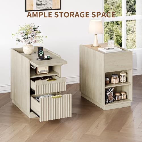 iPormis Fluted Narrow End Table Set of 2 with Charging & 2 Drawers, Natural