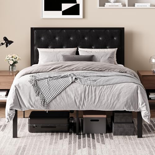 SHA CERLIN Queen Size Metal Bed Frame with PU Tufted Headboard, Black
