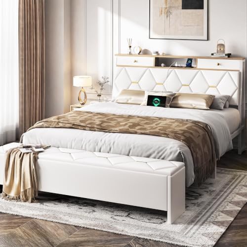 FreeHouse Full Size Bed Frame with Headboard & Storage, All Metal Structure