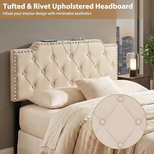 GIANTEX Headboard with Charging Station, Queen/Full Size Rivet Tufted Upholstered Head Board w/2 AC Outlets, USB & Type-C Ports, Rubber Wood Legs, Width Adjustable Modern Bed Headboard Only (Beige)