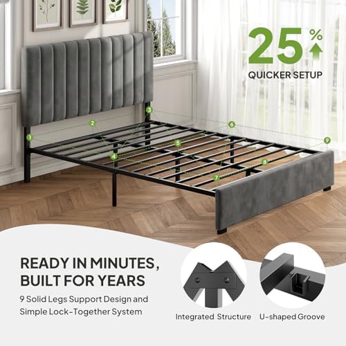 Welzona Queen Size Velvet Upholstered Bed Frame with Tufted Headboard, Grey