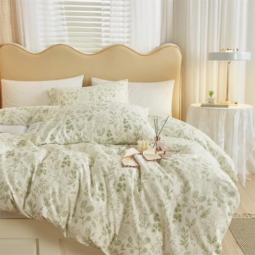 mixinni 3pcs Girls Boho Green Floral Duvet Cover Set Queen Size Cotton Soft Aesthetic Cute Flowers Leaves Pattern Bedding Comforter Cover, 1 Queen Duvet Cover with 2 Pillowcases for All Seasons