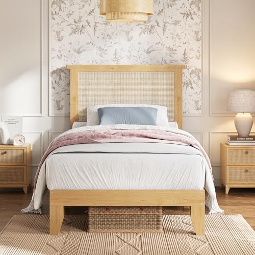 Jojoka Rattan Bed Frame with Natural Headboard & LED Lights - Sturdy Wood Slats, Silent Plain Legs, Ample Underbed Storage - No Box Spring Needed, Bedroom Furniture, Twin Size