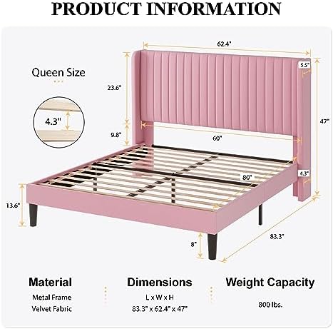 SHA CERLIN Queen Size Velvet Bed Frame, Tufted Wingback Headboard, Pink