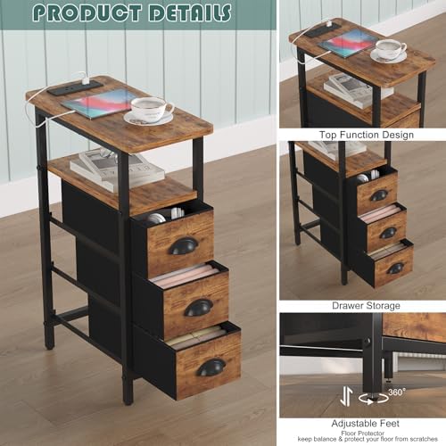 sthmec End Table with Charging Station,Narrow Side Tables with USB Ports and Outlets,Skinny Bedside Tables with 3 Drawers,Small Nightstands for Small Space,Slim Sofa Table for Livingroom,Rustic Brown