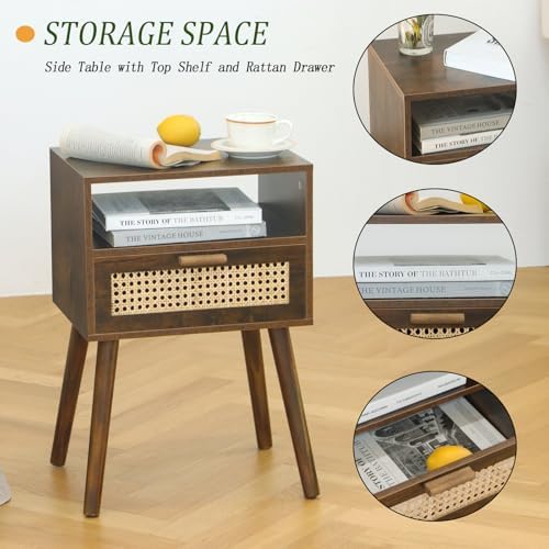 MaxSmeo Small Nightstand with Charging Station, Rattan Side Table Mid Century Modern Bedside Table for Bedroom, Living Room and Small Spaces, Solid Wood Legs (Rustic Brown)
