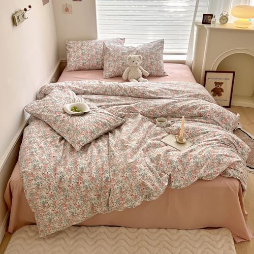 LIFETB Pink Floral Comforter Set Full Cute Girl Floral Bedding Comforter Set for Full Size Bed Chic Garden Style Flower Comforter with 2 Pillowcases Vintage Botanical Bedding Comforter Set All Season